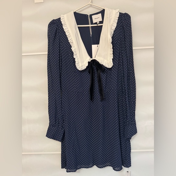 NWT Reformation Edalene dress Navy Polka Dot Dress with White Collar bow 10 M L - Picture 5 of 11